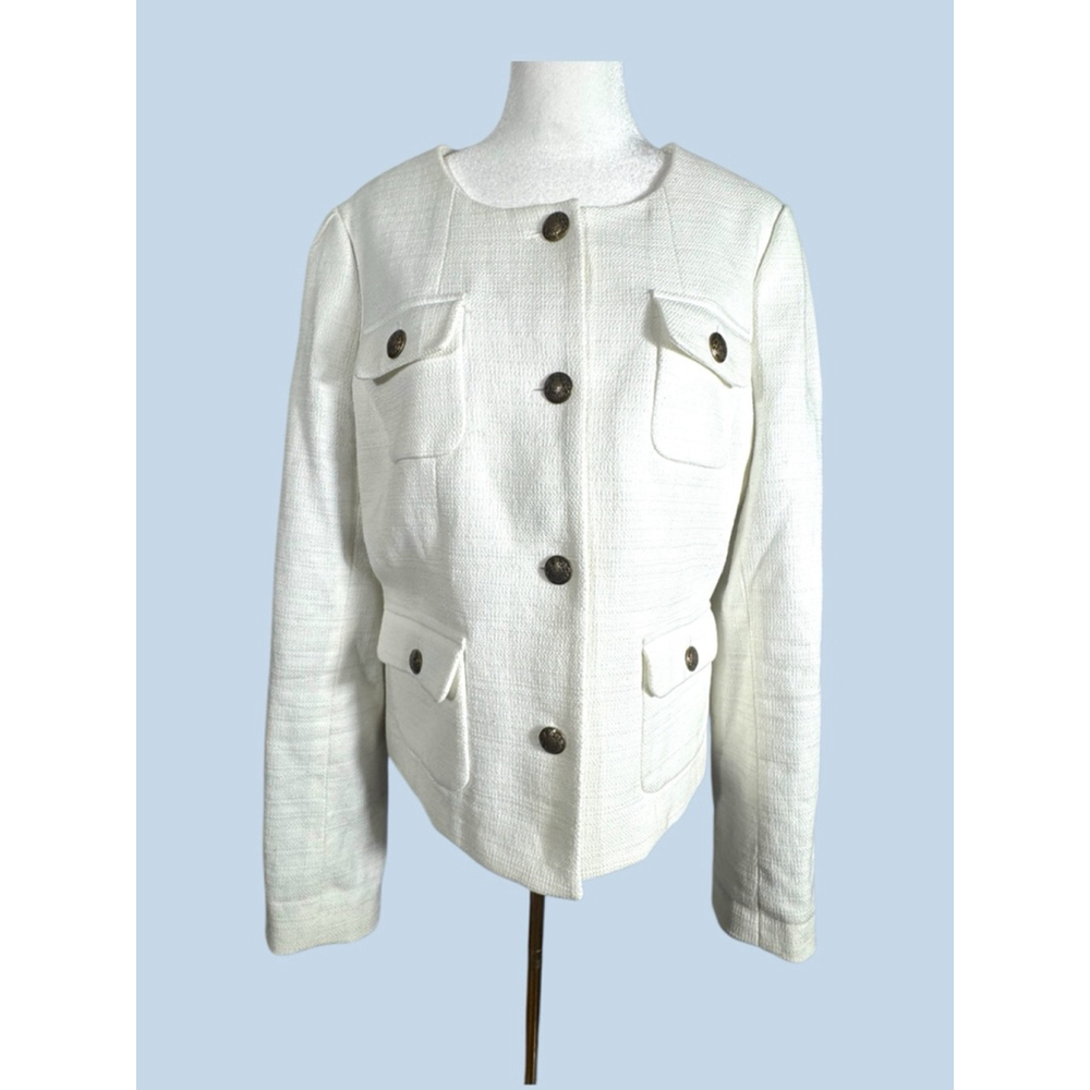 Size 14 Banana Republic White Classy Button-Front Textured Office Church Blazer